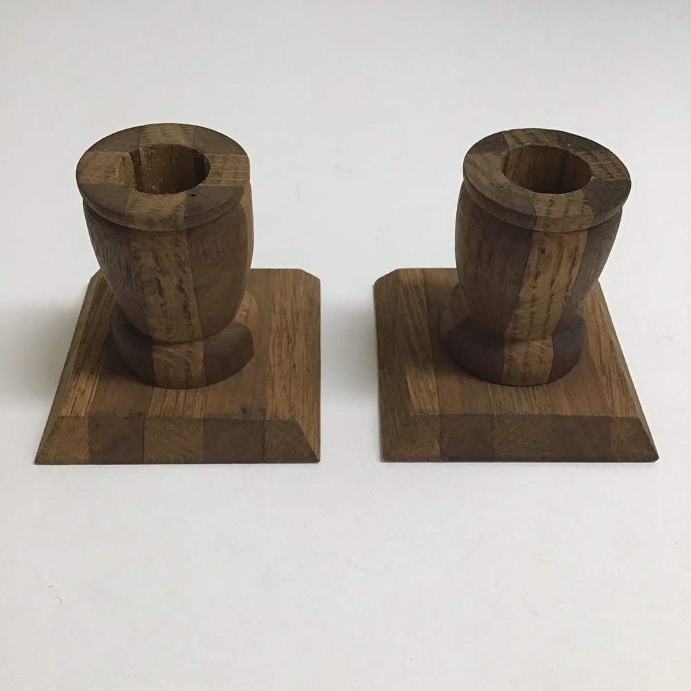 Vintage Folk Art Rustic Pair Small Solid Wood Candlestick Holders 3โ Primitive - Picture 6 of 16